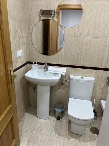 La salle de bains est pourvue de toilettes, d'un lavabo et d'un miroir. dans l'établissement La mejor ubicación en Oviedo. Casco histórico., à Oviedo