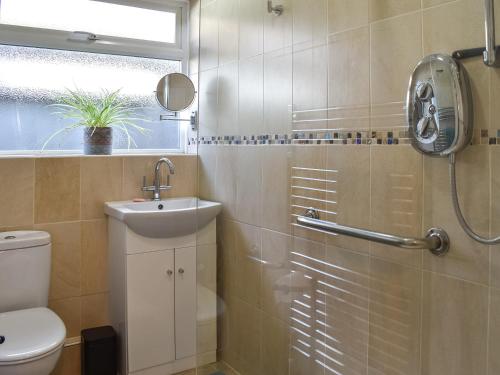 uma casa de banho com um WC, um lavatório e um chuveiro em Why Not em Canterbury