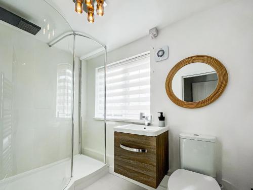 a bathroom with a shower and a toilet and a mirror at The Snug in Southwell