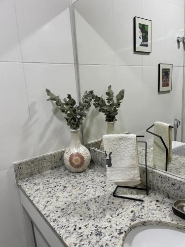 ein Badezimmer mit einem Waschbecken und zwei Vasen auf einer Theke in der Unterkunft The best ap in Rio de Janeiro