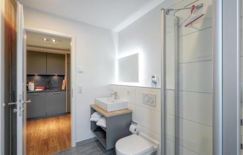 een badkamer met een toilet, een wastafel en een douche bij Nice Apartment In Nordstrand With Kitchen in Nordstrand