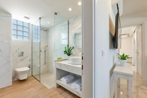 a bathroom with a sink and a toilet and a shower at Modern Family apartment Ewa with pool, dining area on Crete coast in Stavromenos