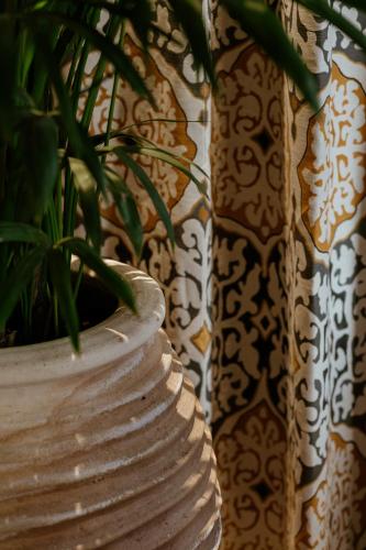 a vase with a plant in it next to a wall at Hotel Estepona Plaza in Estepona