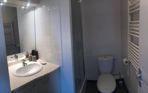 een badkamer met een wastafel, een toilet en een spiegel bij Appart'Hotel - Gare TGV - Courtine - Confluence - 202 in Avignon