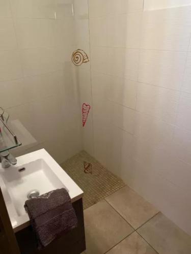 une salle de bain blanche avec un lavabo et une douche dans l'établissement L'edelweiss, à La Plagne Tarentaise
