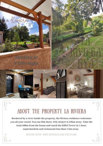 a collage of photos of a house with a garden at La RIVIERA maison avec rivière et jardin 35Mins de PARIS RER C à 600m pour Tour Eiffel ORLY airport 25km Restaurants et supermarchés proches in Bruyères-le-Châtel