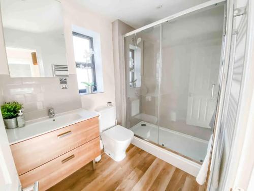 a bathroom with a sink and a toilet and a shower at Fantastic 3-bed house with parking in Bath