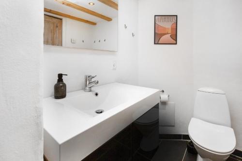 uma casa de banho branca com um lavatório e um WC em Moderne & Fuldt udstyret lejlighed m.plads til 4 em Højbjerg