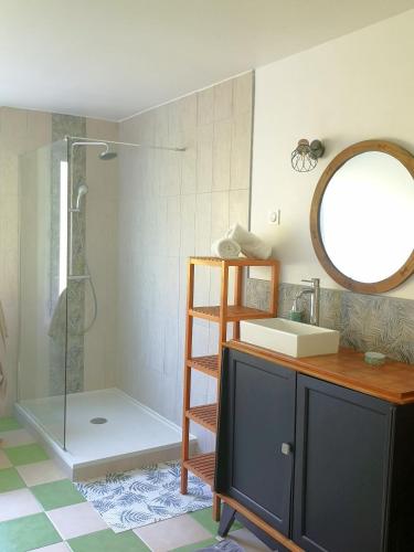 a bathroom with a shower and a sink and a mirror at Comme une Envie d'air FORET in Guémy