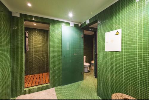 une salle de bains verte avec des murs en carrelage vert et des toilettes. dans l'établissement One bedroom apartement with lake view shared pool and enclosed garden at Santa Cruz do Douro, à Santa Cruz do Douro