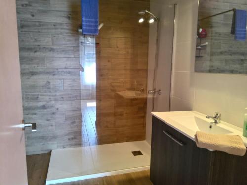 een badkamer met een douche, een wastafel en een spiegel bij Calma i descans a Begur in Begur