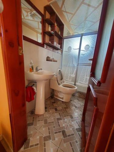a bathroom with a toilet and a sink at Suite Hostal El Trébol 2 habitaciones in Latacunga