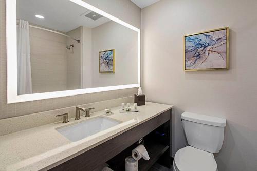 a bathroom with a sink and a toilet and a mirror at Wingate by Wyndham Macon in Macon