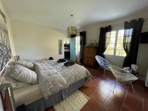 a bedroom with a bed and a chair in it at La Belle Chaumière in Bretagne-de-Marsan