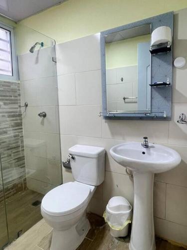 a bathroom with a toilet and a sink and a mirror at Hotel La Playa in Santa Cruz de Barahona