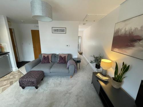 sala de estar con sofá y TV en Compact Modern Apartment Single Person or Couple Only en Bangor
