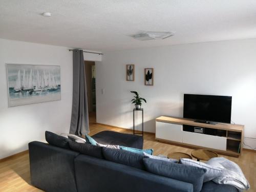 a living room with a couch and a flat screen tv at Ferienwohnung im Fachwerkhaus in Michelstadt