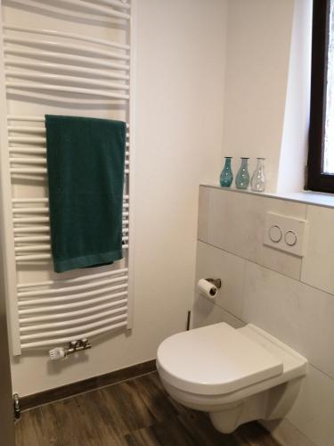 a bathroom with a toilet and a green towel at Ferienwohnung im Fachwerkhaus in Michelstadt