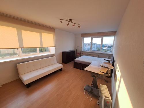 a bedroom with a couch and a bed and two windows at Hero Avenue Apartment in Narva