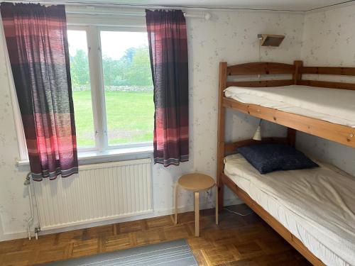 a bedroom with two bunk beds and a window at Nice cottage located close to a bay in Skappevik in Bergkvara