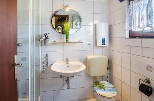 La salle de bains est pourvue d'un lavabo, de toilettes et d'un miroir. dans l'établissement Ferienhaus Kron, à Südbrookmerland
