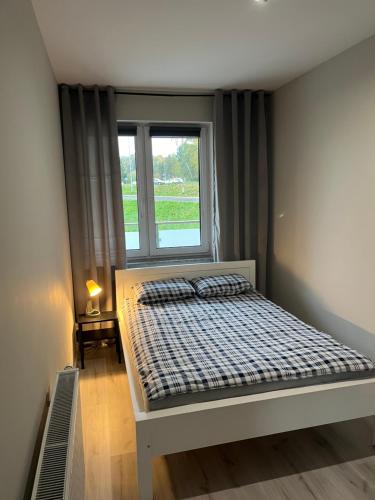 Bett in einem Zimmer mit Fenster in der Unterkunft PK Premium Apartments 2 in Bolesławiec