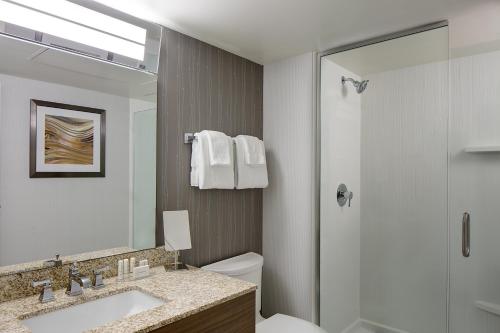 a bathroom with a toilet and a sink and a shower at Courtyard Grand Rapids Downtown in Grand Rapids