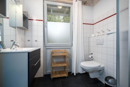 uma casa de banho com um WC, um lavatório e uma janela em Ferienhaus Unter den Eichen em Röbel