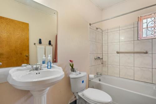 een badkamer met een wastafel, een toilet en een douche bij Shaw Park Gem Apt 12D in Ocho Rios