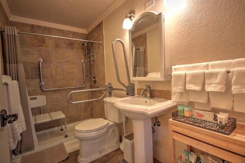 a bathroom with a toilet and a sink and a shower at Yellowstone Gateway Inn in Gardiner