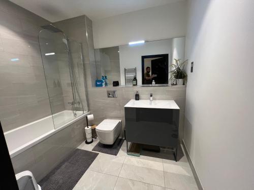 La salle de bains est pourvue d'un lavabo, d'une douche et de toilettes. dans l'établissement Staines Home Stay, à Staines upon Thames