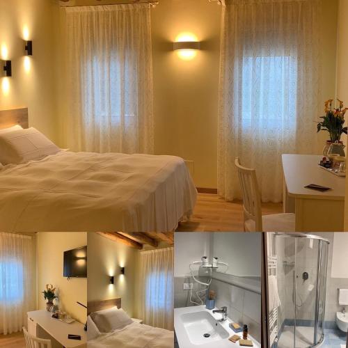 two pictures of a bedroom with a bed and a sink at Agriturismo coda di gatto in Eraclea