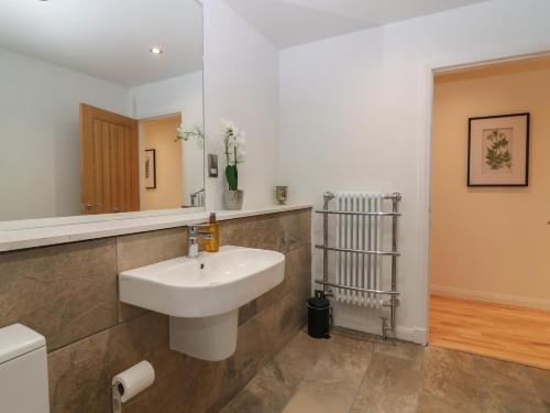 a bathroom with a sink and a mirror at Whitehouse Woodwrae in Forfar
