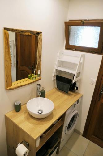 une salle de bain avec un lavabo et une machine à laver dans l'établissement Appartement cosy entièrement rénové, à Bagnères-de-Bigorre