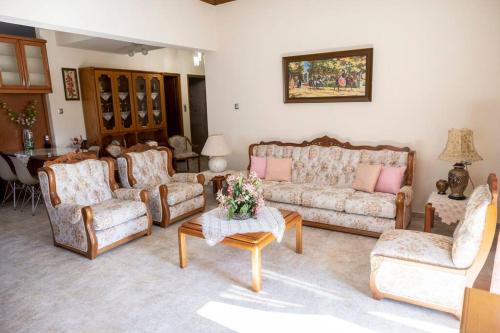 a living room with couches and a table with flowers at Roula's Cosy Home in Tríkala