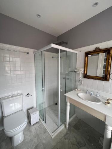 a bathroom with a shower and a toilet and a sink at La Belle Provence in Itaipava
