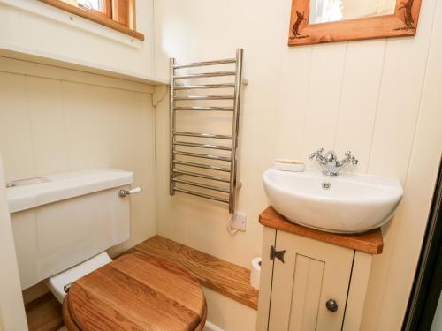 Baño pequeño con lavabo y aseo en The Happy Hut en Christchurch