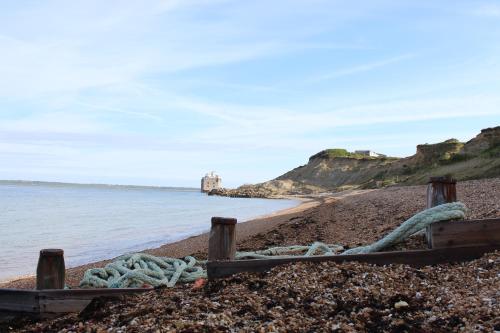 a rope on a beach next to the ocean at Driftwood Heart in Freshwater