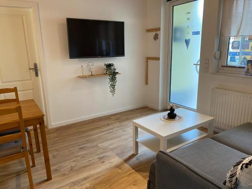a living room with a couch and a table and a tv at Gästehaus Brigitte Duri in Rust