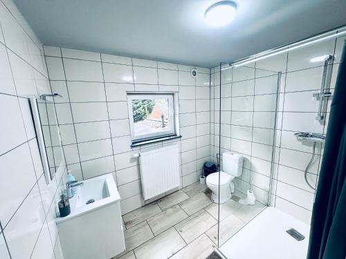 uma casa de banho com um chuveiro, um WC e um lavatório. em Chambre et SDD privées dans une maison partagée avec des résidents em Mons