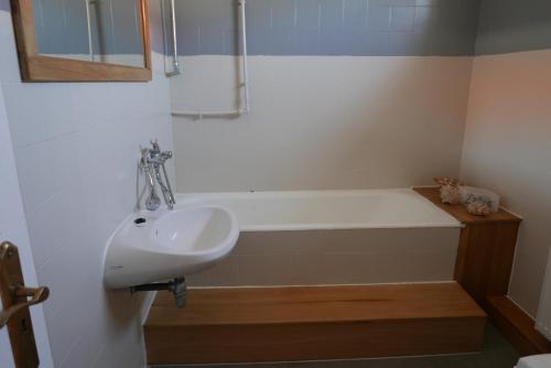 a bathroom with a sink and a bath tub at Szabó Porta Vendégház in Zalaháshágy
