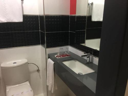 La petite salle de bains est pourvue d'un lavabo et de toilettes. dans l'établissement HOTEL CEAO, à Lugo