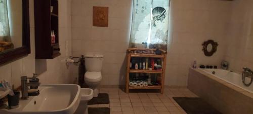 a bathroom with a sink and a toilet and a tub at Villa Befasika in Toliara