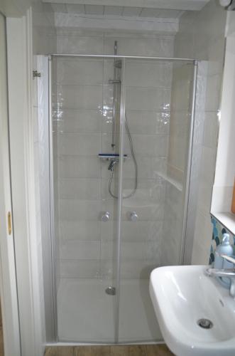 a shower with a glass door next to a sink at Ferienwohnung Uckermarkblick in Ziehten