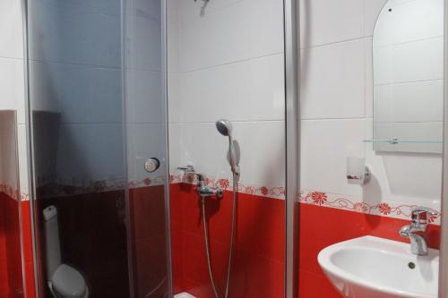 a bathroom with a shower and a sink at Marani Hotel in Batumi