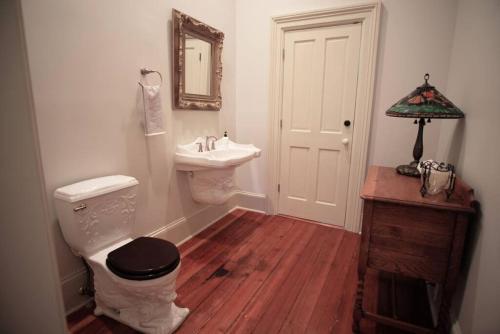a bathroom with a toilet and a sink and a mirror at Hamilton House - 5BR Historic Home with Courtyard and Garage in Savannah