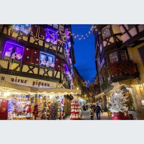 una calle de la ciudad con luces de Navidad y una tienda en Les VENDANGEURS en Niedermorschwihr