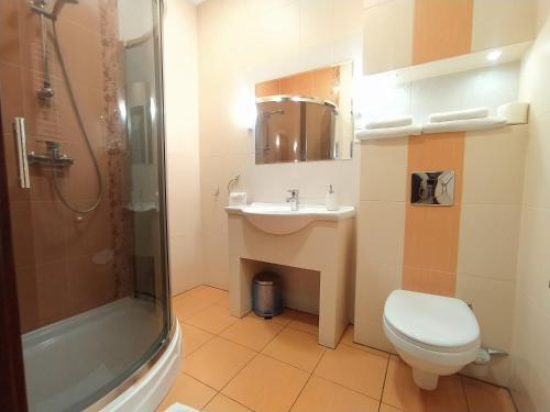 uma casa de banho com um WC, um lavatório e um chuveiro em Restauracja Kargul noclegi em Leczyca