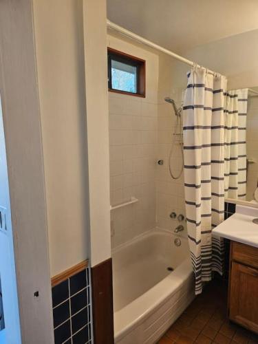 ein Badezimmer mit einer Badewanne und einem Waschbecken in der Unterkunft Pebbly Beach Suite in Snug Cove in Bowen Island