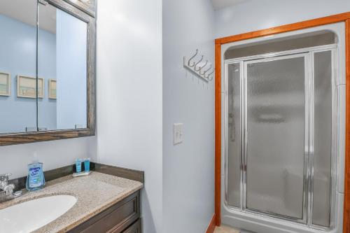 a bathroom with a shower and a sink and a mirror at Indoor Pool Near Grand Haven & Lake Michigan Beach in Spring Lake